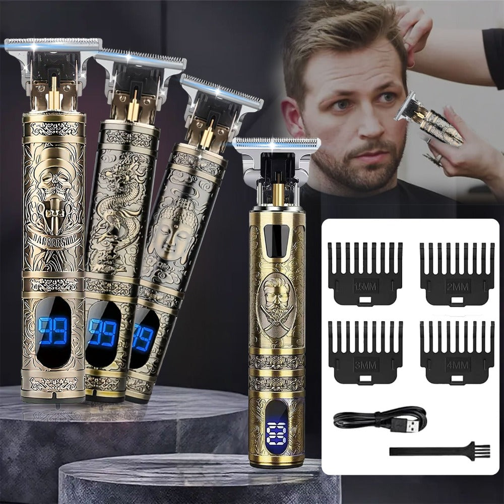Hair Clippers & Trimmers Vintage Gold T-Blade Model with LCD Display, USB Charging and Three Etched Designs