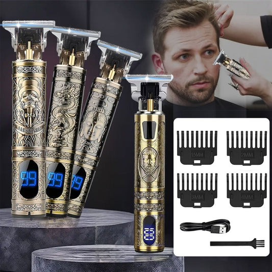 Cordless Hair Clippers & Trimmers with Vintage Gold LCD Body, USB Charging and Three Etched Designs