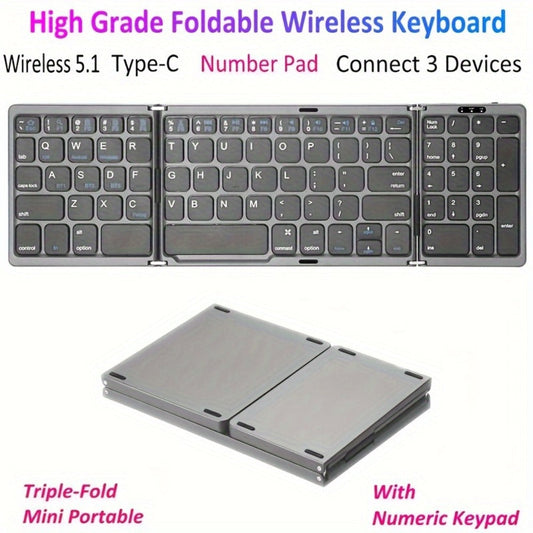 Foldable Bluetooth Keyboard with Numeric Keypad Triple Fold BT5.1 3-Device Multi-Switch USB-C Rechargeable Portable Wireless Keyboard for iPhone iPad Android Tablet Windows Mac Grey