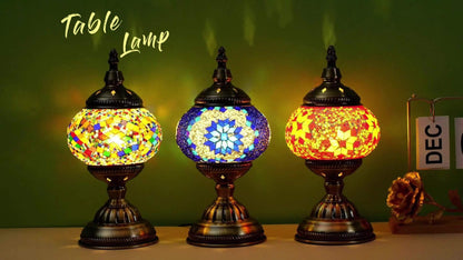 Table Lamp with Mosaic Glass Globe, Metal Base, Seven Color or Pack Options and Three White-Light Modes