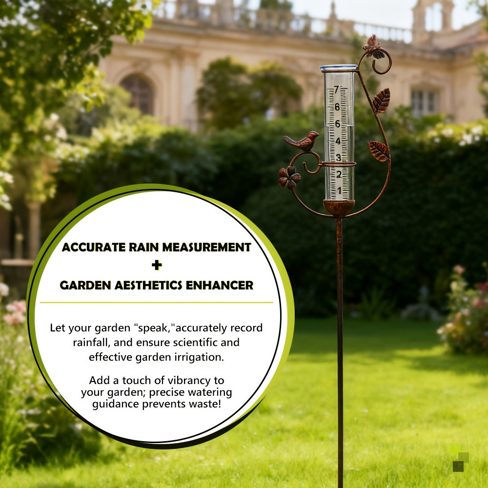Decorative Eight-Inch Outdoor Rain Gauge with Bird Ornament and Spiral Metal Stake in Black or Bronze