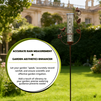 Decorative Eight-Inch Outdoor Rain Gauge with Bird Ornament and Spiral Metal Stake in Black or Bronze