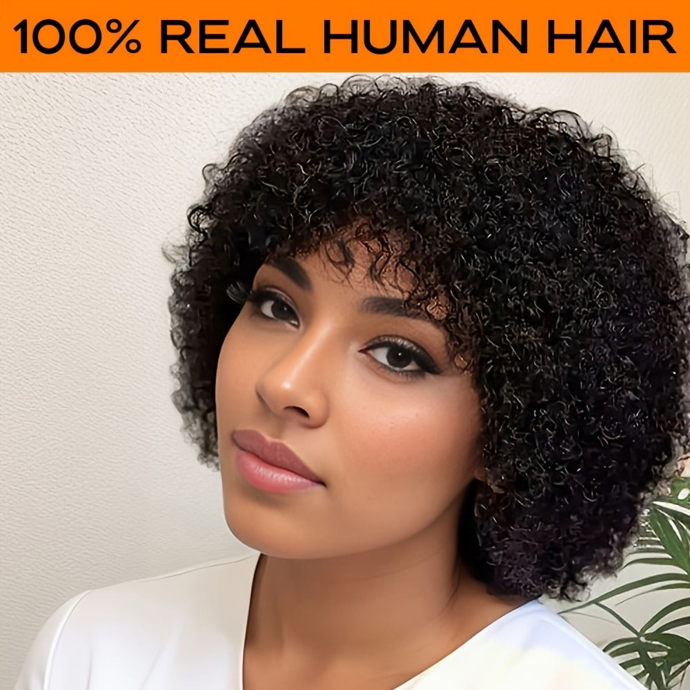 6-Inch Kinky Curly Afro Human Hair Wig with Glueless Cap and Deep Grey, Camel or Ginger Color