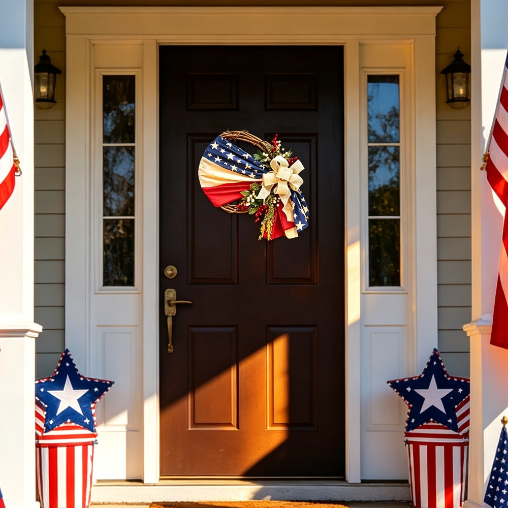 Red, White and Blue Patriotic Door Wreath with Flag Ribbon, Berries and Bow for Seasonal Home Display