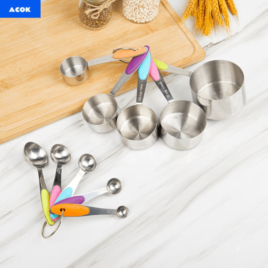 Stainless Steel Measuring Cups and Spoons Set 5pcs with Silicone Handle - Baking & Cooking Kitchen Measurement Tools