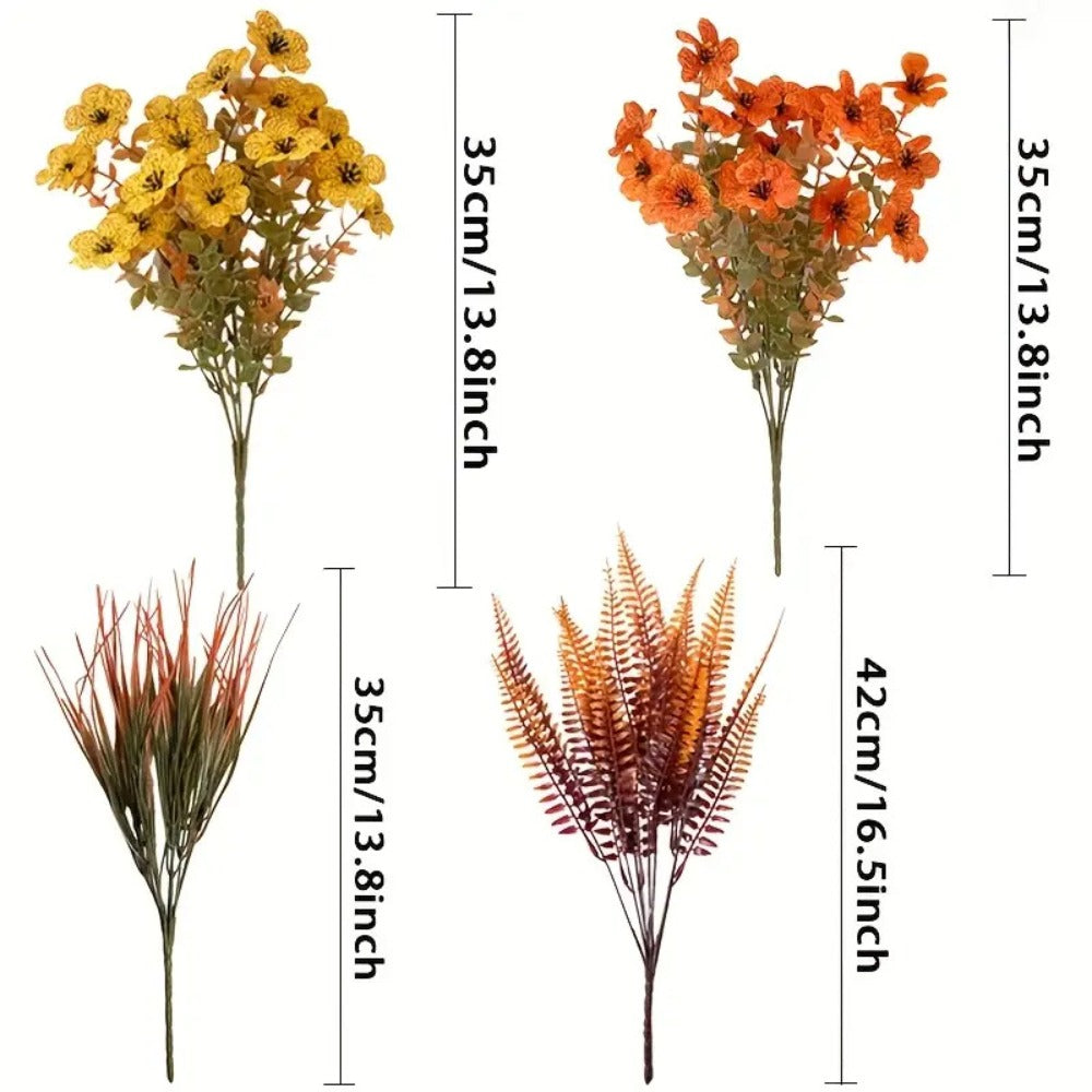 Artificial Autumn Flower Stems, Eight-Piece Set with Four Floral and Foliage Designs in Mixed Colors