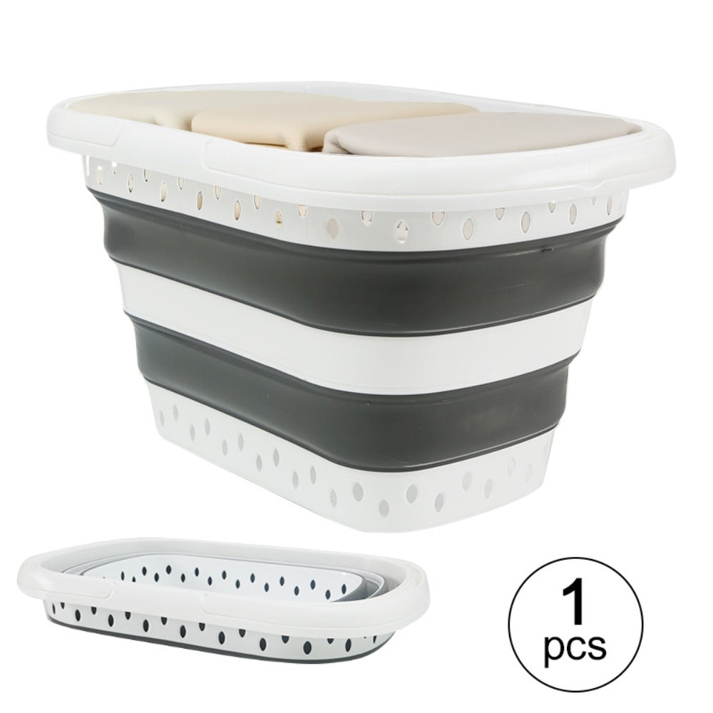 16-Gallon Collapsible Plastic Laundry Basket in Gray and White with Folding Walls and Carry Handles