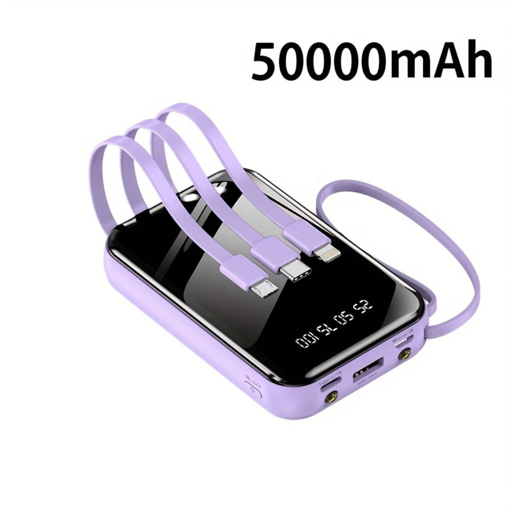 3-in-1 Built-in Cables Power Bank 50000mAh Portable Charger with Smart Digital Display Flashlight Apple Lightning Type-C USB Safe Lithium Battery Pack Outdoor Emergency Travel Gift
