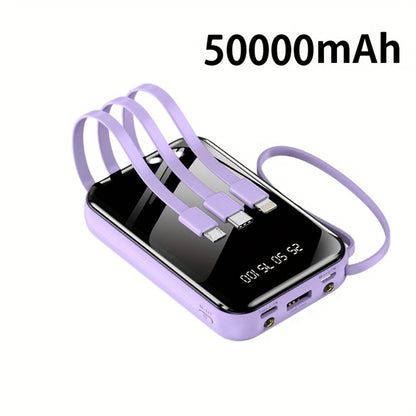 3-in-1 Built-in Cables Power Bank 50000mAh Portable Charger with Smart Digital Display Flashlight Apple Lightning Type-C USB Safe Lithium Battery Pack Outdoor Emergency Travel Gift