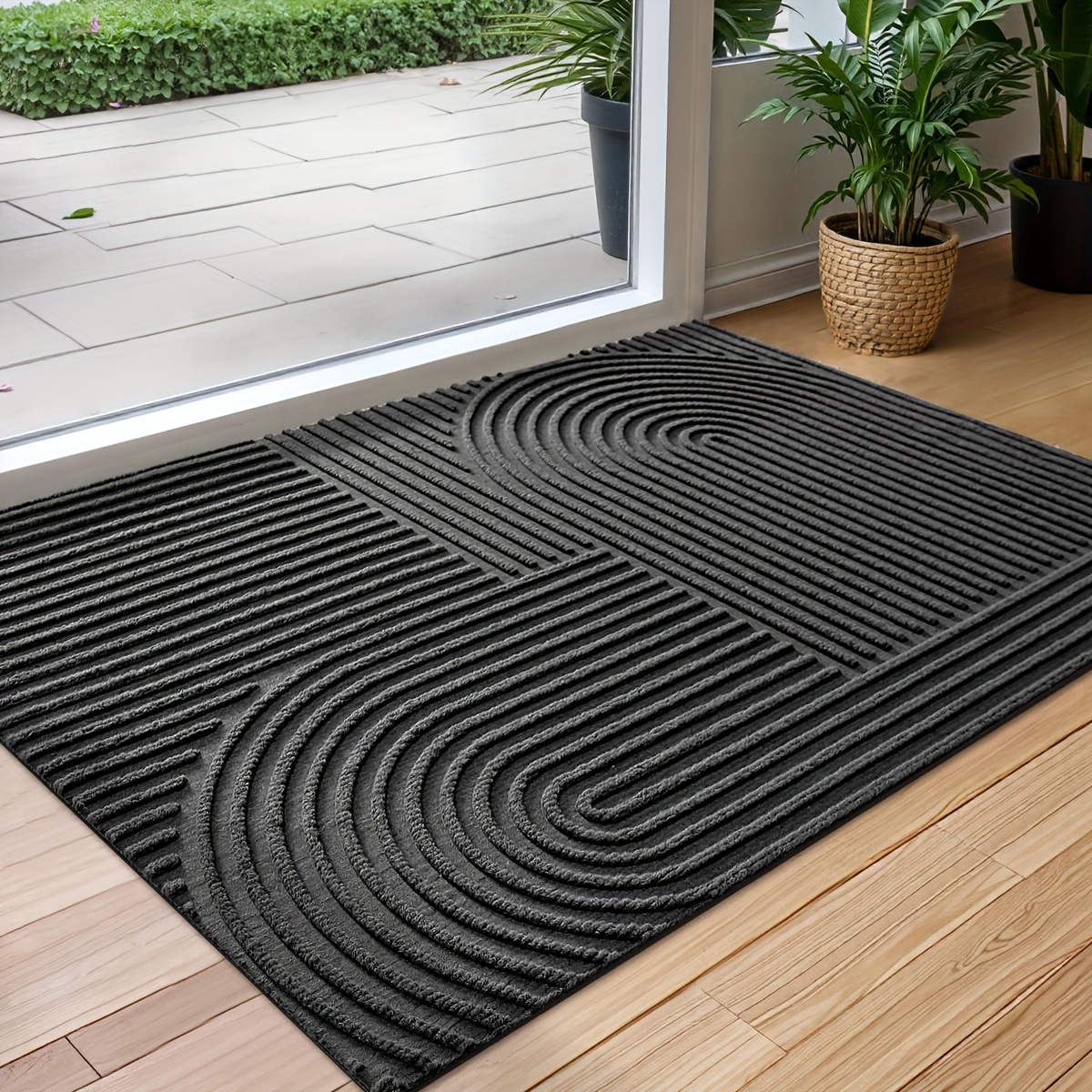 Time Arc Door Mat with Geometric Groove Pattern in Black, Gray or Brown and Two Rectangular Sizes