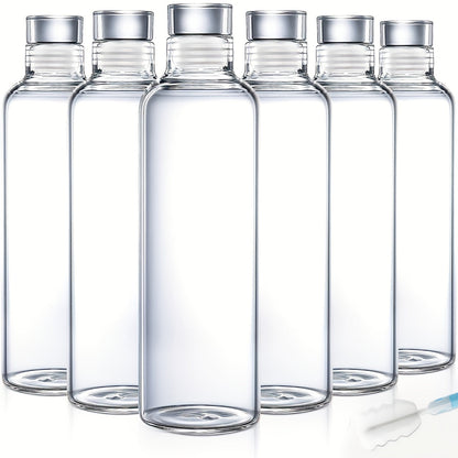 Glass Water Bottle Set, Six 18 oz Clear Bottles with Lids, Protective Sleeves and Cleaning Brush