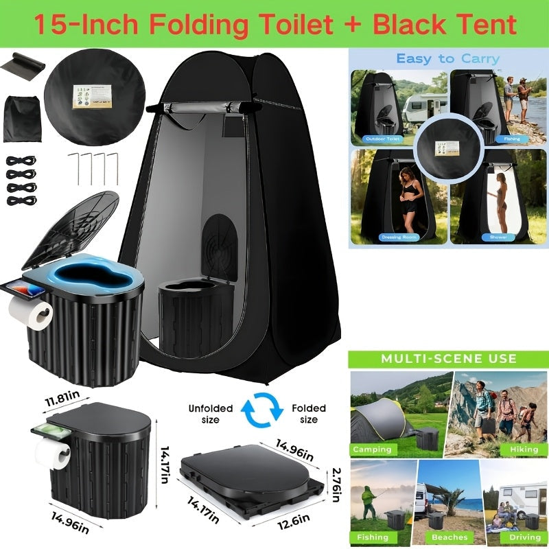 Pop-Up Privacy Tent with Portable Camping Toilet for Adults, Foldable Outdoor Shower Changing Potty Tent Kit with 12 Toilet Bags, Ground Stakes & Windproof Ropes for Camping, Hiking, Travel & Picnics