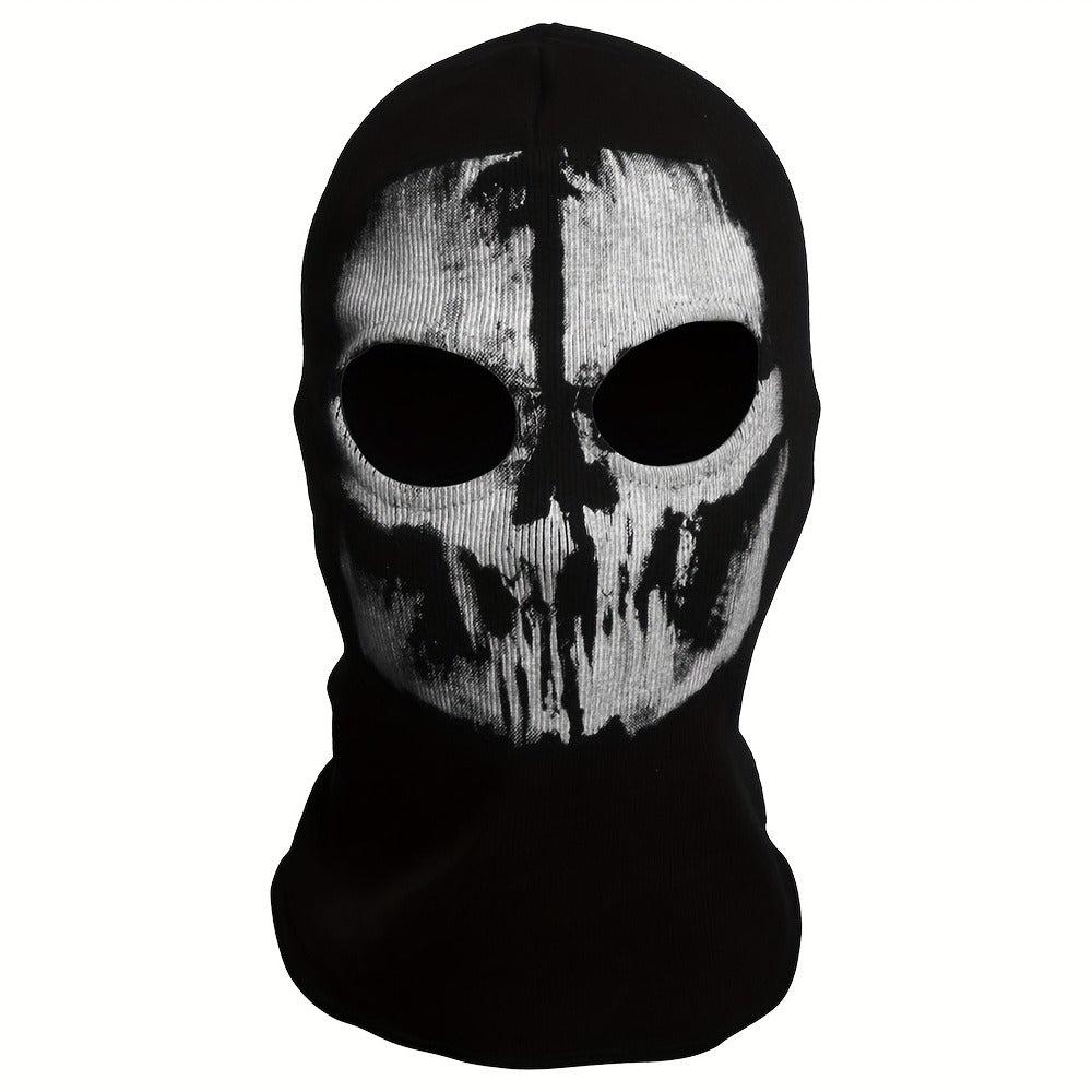 Printed Skull Balaclava Mask in Two Black Designs, Full-Face Stretch Fabric for Adult Costume Wear