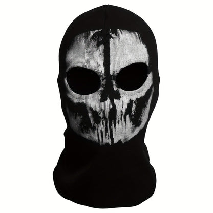 Printed Skull Balaclava Mask in Two Black Designs, Full-Face Stretch Fabric for Adult Costume Wear