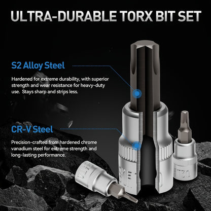 Torx Star Bit Socket Set 34/46-Piece - 3/8" Drive CR-V E-Socket E4-E20, T10-T60, Tamper-Proof TT10-TT55, S2 Steel, 5/16"F to 3/8"M Adapter, Storage Case - For Car, Truck & Home Improvement