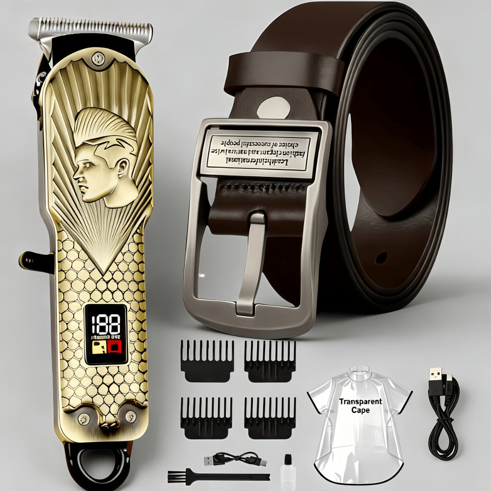 JH702 Hair Clipper Set with DC01 Fashion Belt, Digital Display, USB Charging and Two Engraved Design Options