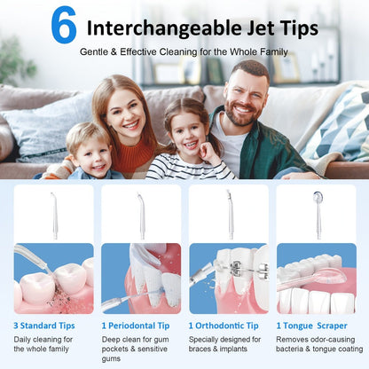 Water Flosser Cordless Oral Irrigator - Rechargeable Electric Dental Cleaner with 6 Interchangeable Nozzles, Adjustable Pressure Control, Plaque & Tartar Removal, USB Powered, Portable for Home & Travel Use