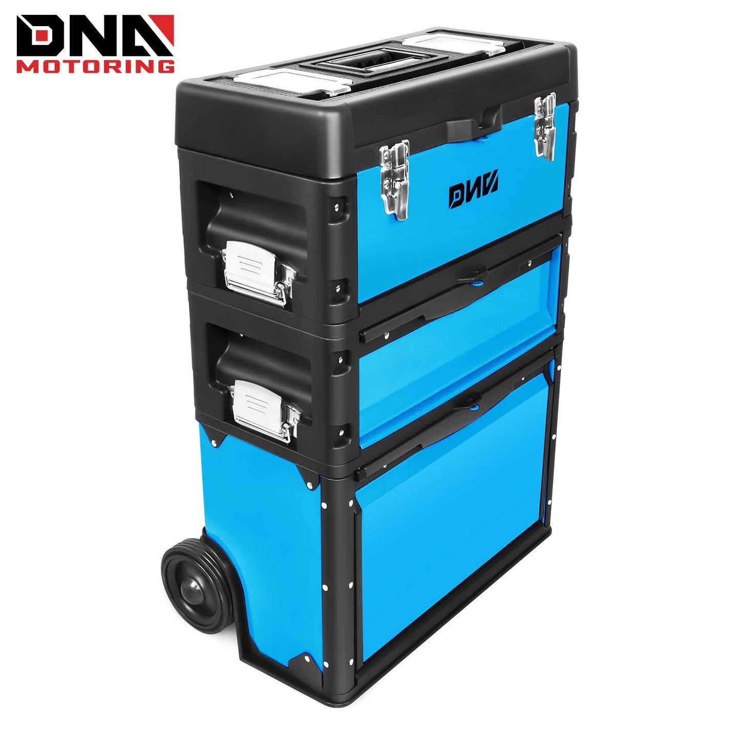 Rolling Tool Box 3-Tier Stackable Portable Toolbox with Wheels 19.5x12x28.5 Inch Steel PP 3-in-1 Detachable Compartments Metal Latches Extendable Handle for Home Workshop Garage Job Site