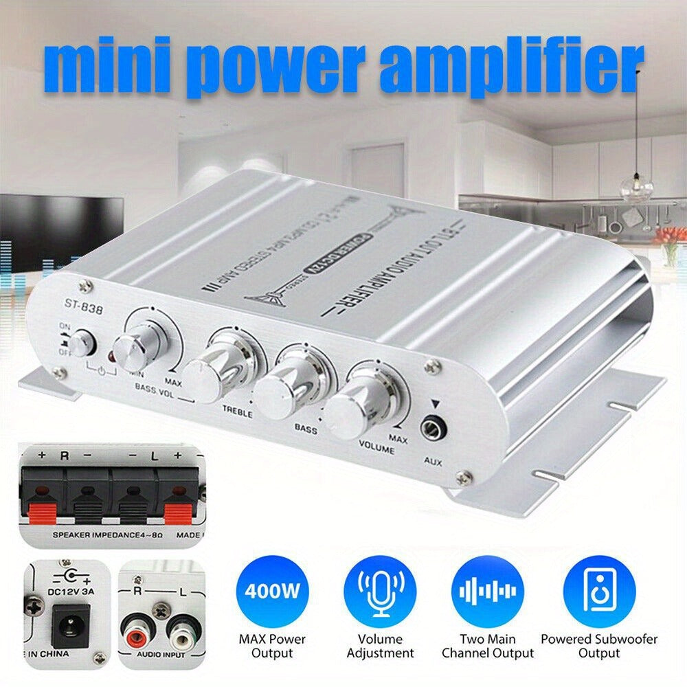 400 Watt 2.1 Channel Car Audio Stereo Amplifier, 12V Class A/B HIFI Power Amp with RCA & AUX Input, Subwoofer Output, Cast Iron Build, 20Wx2+40W RMS, 4-8Ω Speaker Compatible, Model ST-838