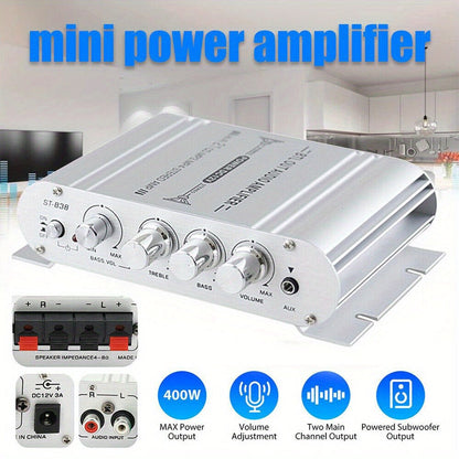 400 Watt 2.1 Channel Car Audio Stereo Amplifier, 12V Class A/B HIFI Power Amp with RCA & AUX Input, Subwoofer Output, Cast Iron Build, 20Wx2+40W RMS, 4-8Ω Speaker Compatible, Model ST-838