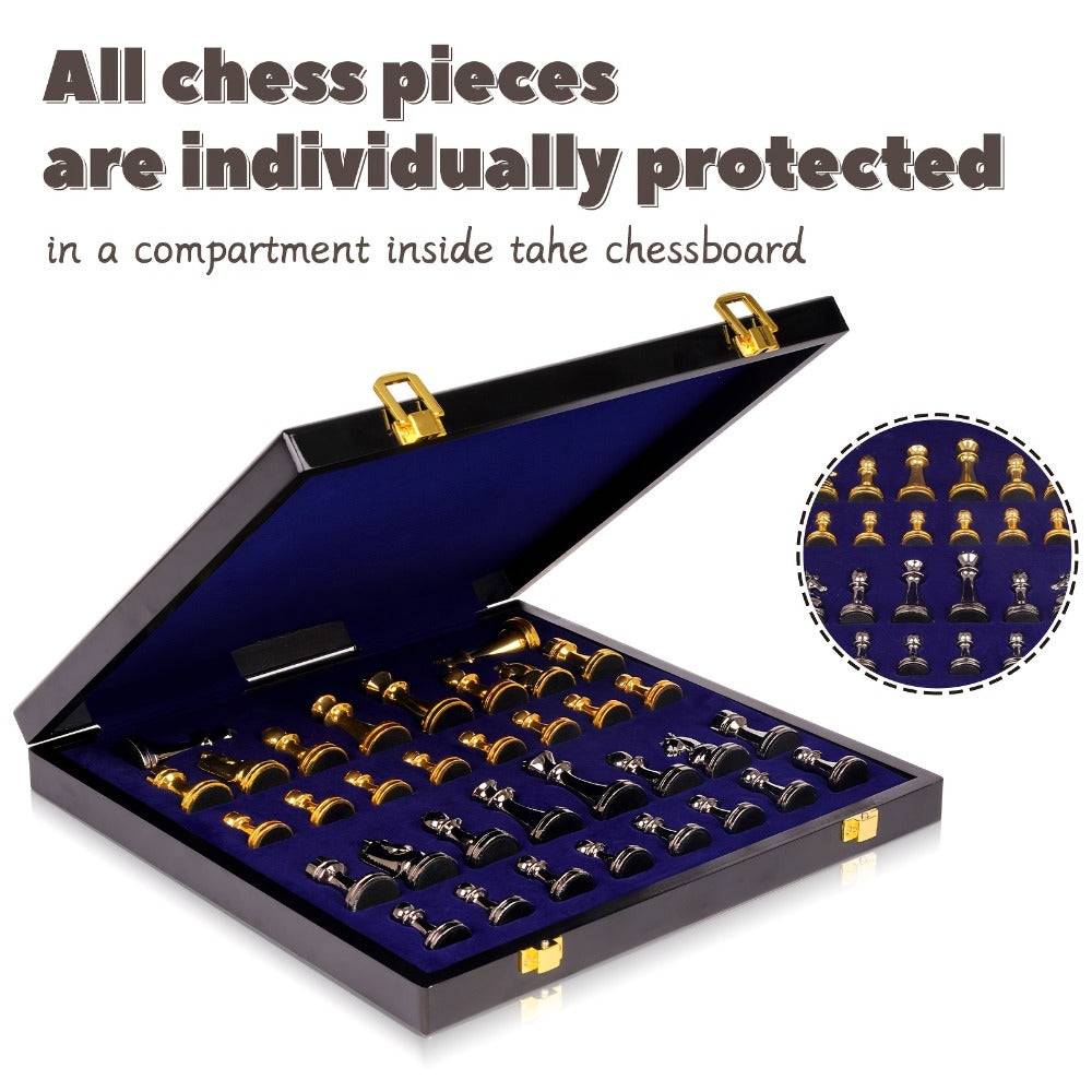 Metal Chess Set with 11.5-Inch Marble-Look Storage Board, Zinc Alloy Pieces and Extra Queens