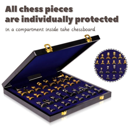 Metal Chess Set with 11.5-Inch Marble-Look Storage Board, Zinc Alloy Pieces and Extra Queens