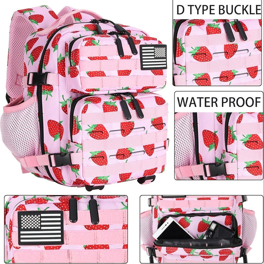 Mini Hiking Backpack 2.38 Gallon Daypack Zipper Closure Hip Strap for Daily Use Fitness Cycling Camping Travel School Strawberry Cat Paw Plaid Tie Dye Camo