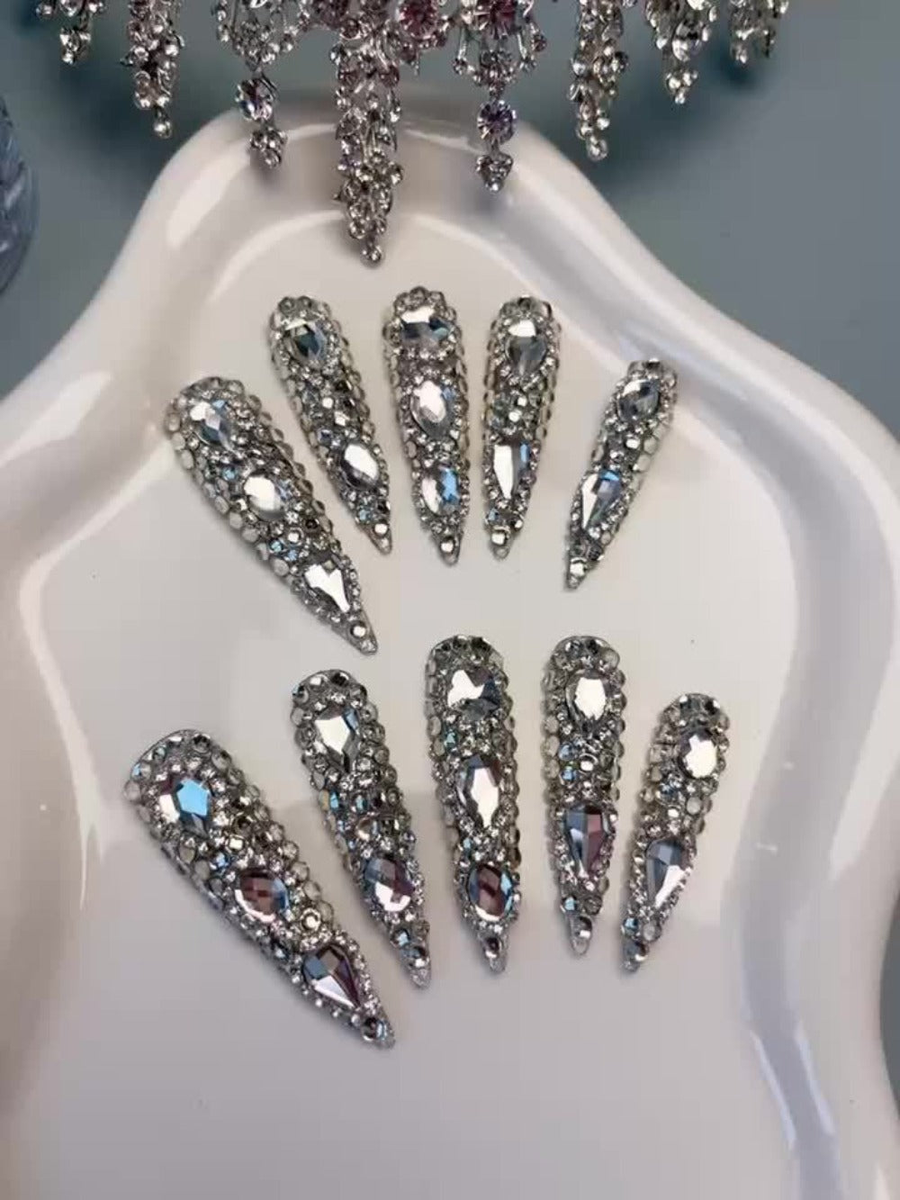 Rhinestone Press On Nails Kit 10pcs Extra Long Almond – Handmade Y2K Silvery Glam Fake Nails with Nail Tools, Stickers & Charms for Women, Party, Christmas, DIY Salon Nail Art Set