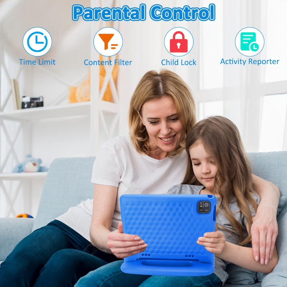 Kids Tablet 10.1 Inch Android 14 8GB RAM 64GB Storage 6000mAh Battery WiFi Dual Camera 1280x800 Parental Controls Google Kids Space Drop Protection Educational Blue Pink Purple Green