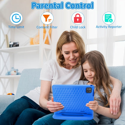 Kids Tablet 10.1 Inch Android 14 8GB RAM 64GB Storage 6000mAh Battery WiFi Dual Camera 1280x800 Parental Controls Google Kids Space Drop Protection Educational Blue Pink Purple Green