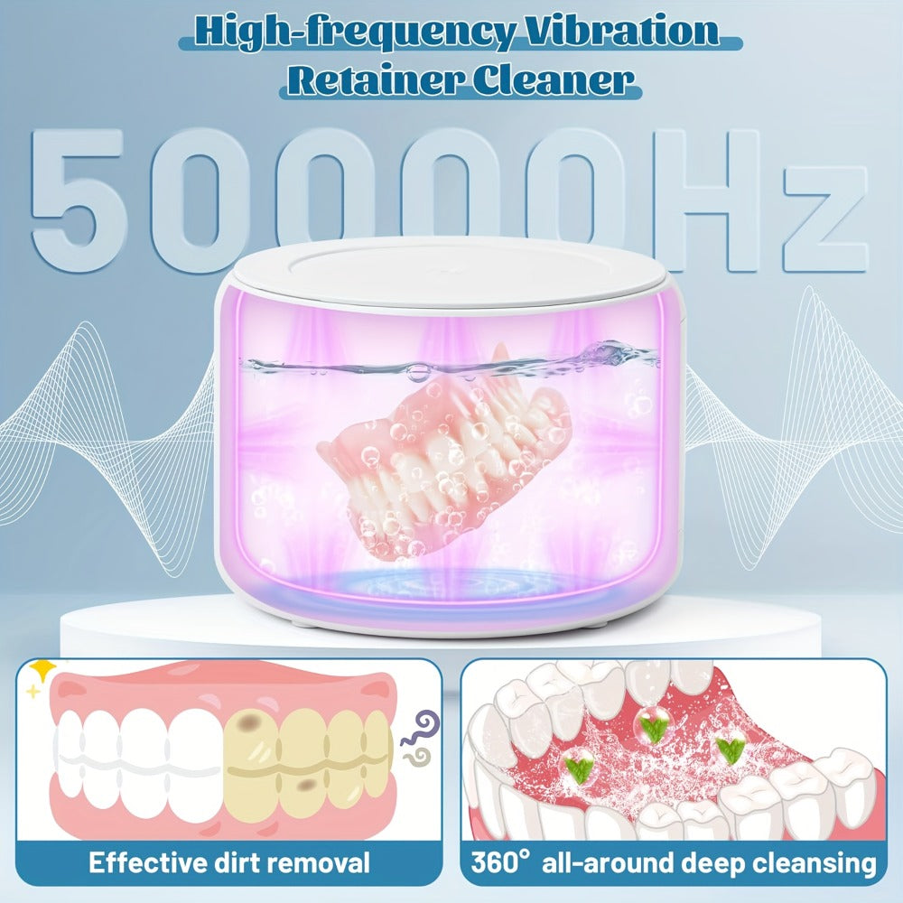 Electric Ultrasonic Cleaner Machine for Dentures Jewelry & Glasses — USB Rechargeable 3 Speeds Auto Timer 180ml Tank One-Touch Portable Dental Cleaning Device for Home & Travel