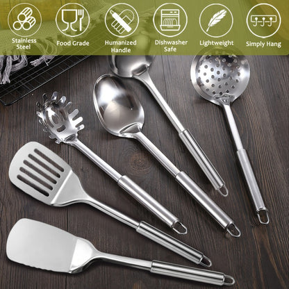 Stainless Steel Kitchen Utensils Set 12 Piece with Holder – Heat Resistant Cooking Utensils, Spatula, Ladle, Tongs, Whisk, Skimmer, Potato Masher, Slotted Spoon