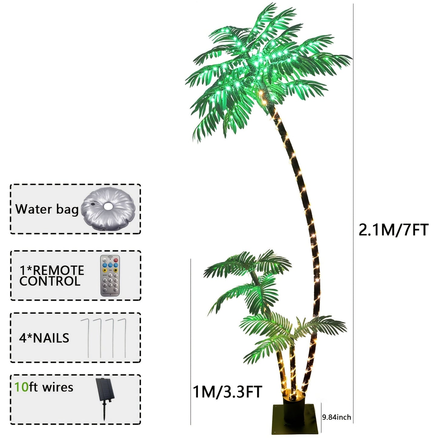 Seven-Foot Solar Palm Tree Light with 260 LEDs, Three Trunks, Remote Control and Eight Modes