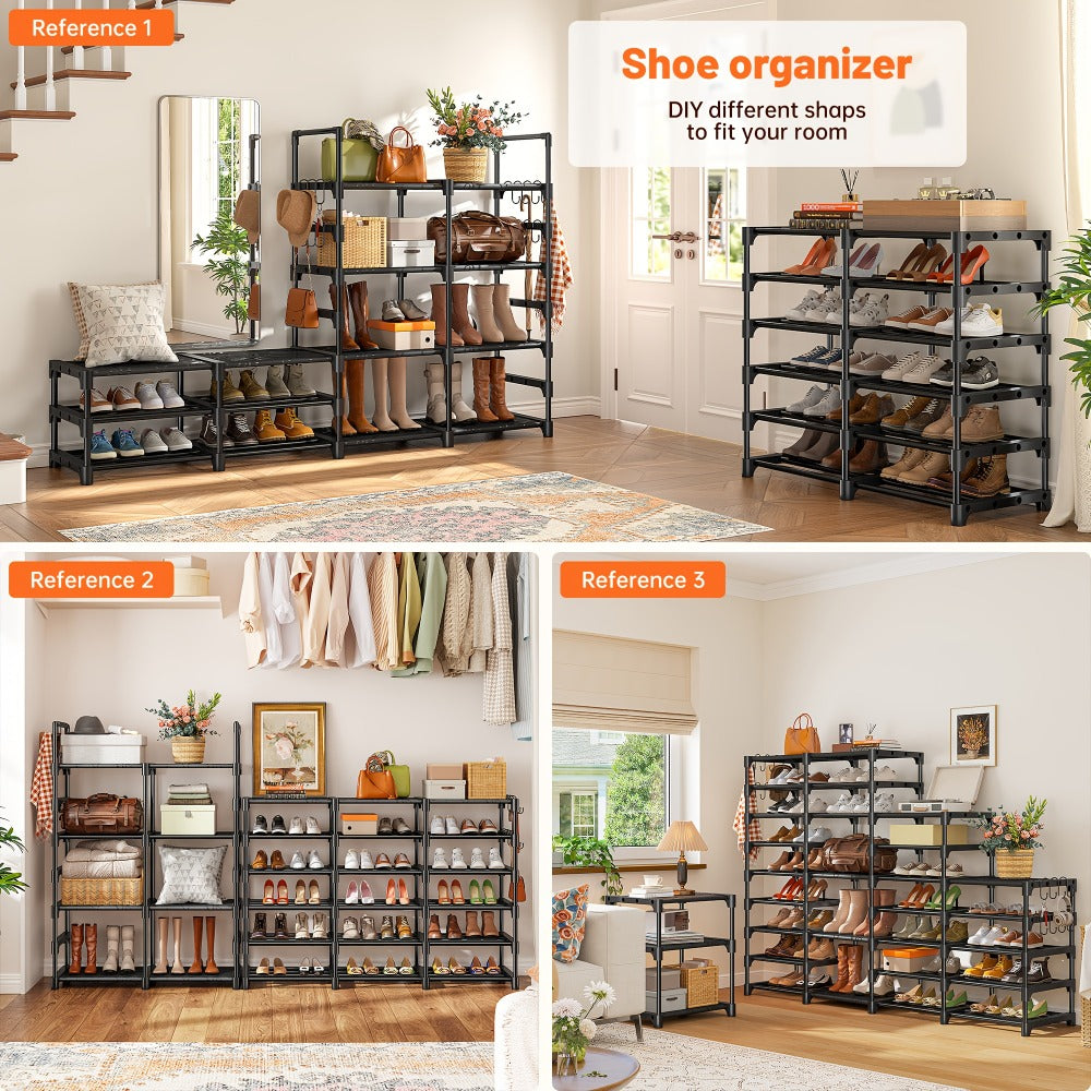 Shoe Rack 4-Row 9-Tier Metal Organizer for Up to 64 Pairs with Modular Black Freestanding Design