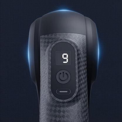 Triangular-Handle Massage Gun with Nine Pictured Attachment Heads, Blue Control Dial and Black Finish