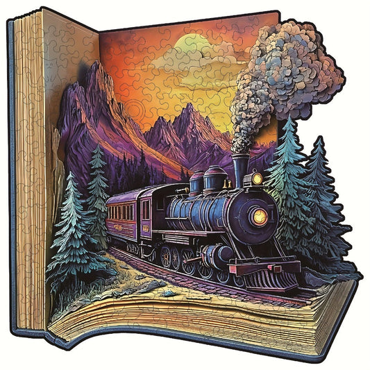 Wooden Jigsaw Puzzle for Adults Galloping Train – 3D Vision Effect Unique Shape Pieces, Book-Style Display, Mountain Sunset Art, Unique Birthday Christmas Holiday Gift for Train Lovers & Puzzle Enthusiasts (S & L Sizes)