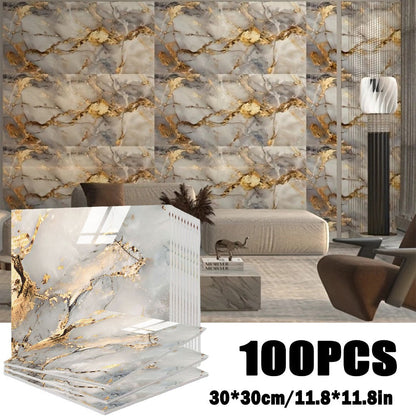 Marble Gold-Vein Wall Tile Sticker Set with 30 cm Panels, Four Colors and 50- or 100-Piece Packs