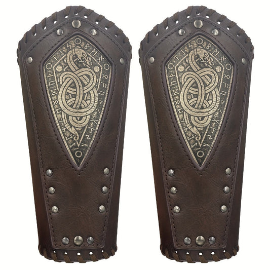 Viking Snake Wrist Guards 2-Pack Medieval Norse Leather Bracers, Nordic Retro Cosplay Props for Halloween LARP Renaissance Faire Costume Accessory, Black & Coffee