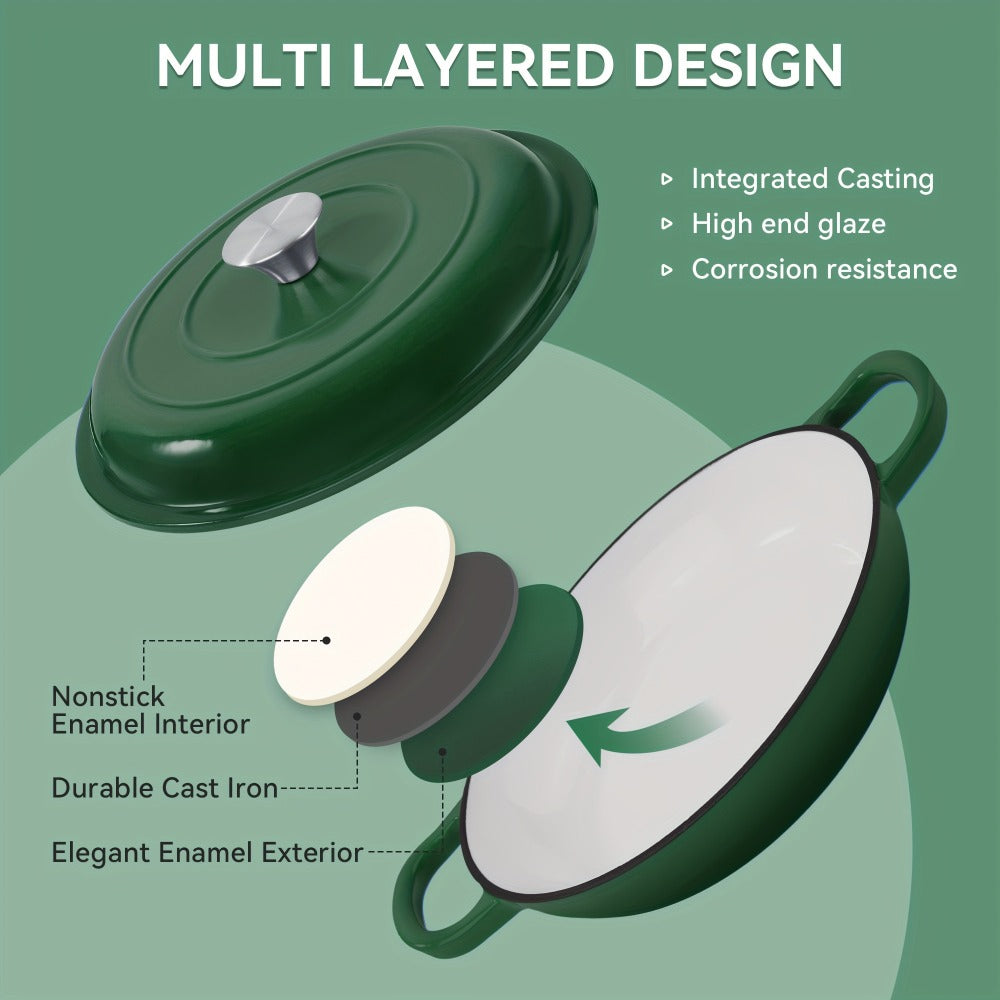 3QT Enameled Cast Iron Dutch Oven Braiser with Shallow Round Body, Fitted Lid and Three Colors