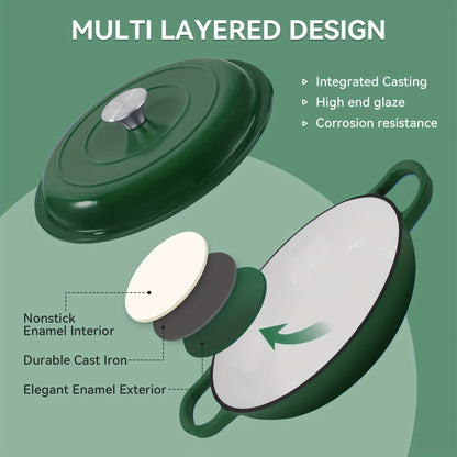 3QT Enameled Cast Iron Dutch Oven Braiser with Shallow Round Body, Fitted Lid and Three Colors