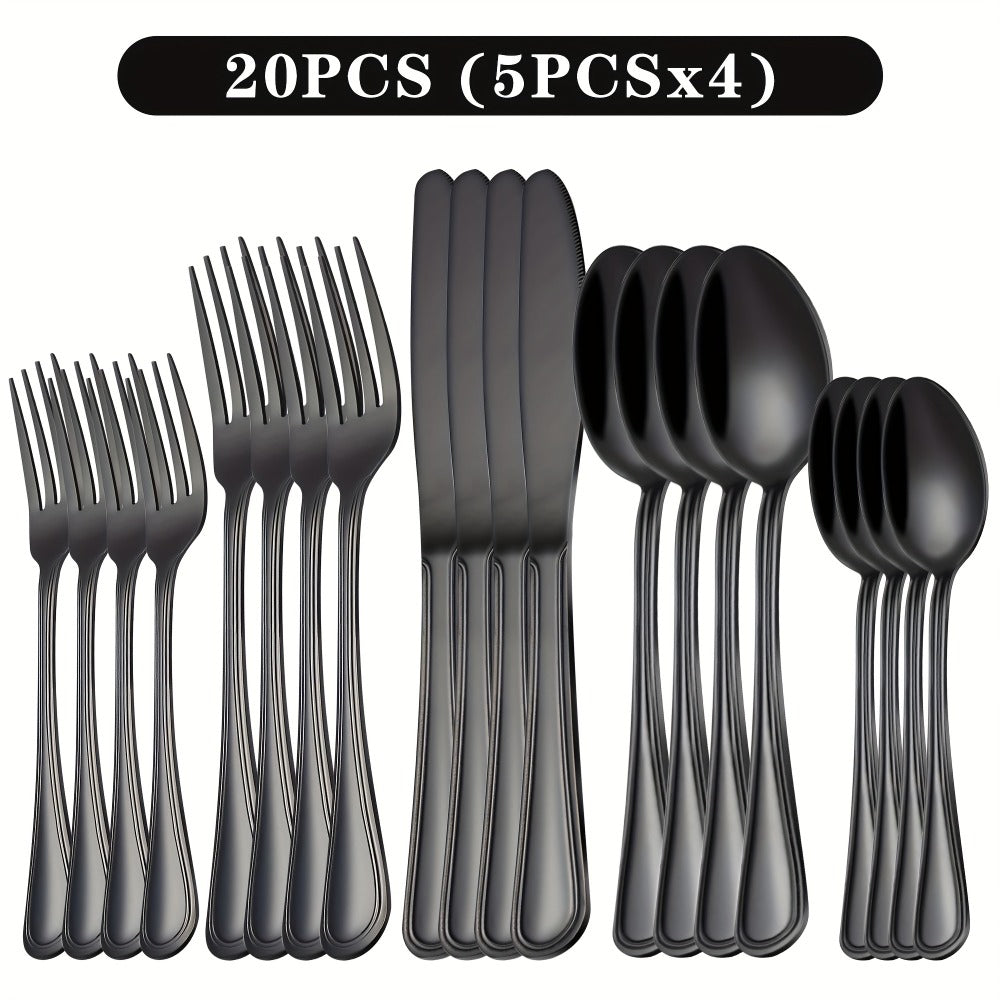 Stainless Steel Flatware Cutlery Set – Mirror Polished, Dishwasher Safe, Silver & Black Options, Service for 4 / 8 / 12 – Kitchen Utensil Set for Home, Restaurant & Wedding Gift