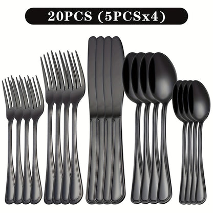 Stainless Steel Flatware Cutlery Set – Mirror Polished, Dishwasher Safe, Silver & Black Options, Service for 4 / 8 / 12 – Kitchen Utensil Set for Home, Restaurant & Wedding Gift