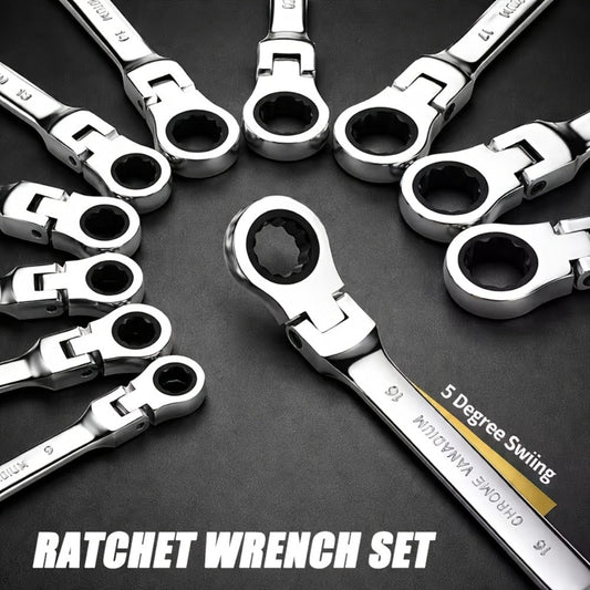Wrench Set 10-Piece Multi-Function – 8 Hex Wrenches, Flare Wrench & 10mm Ratchet Wrench, Chrome Vanadium Steel, 180° Rotating Double-Ended 72-Tooth Precision Gear Design