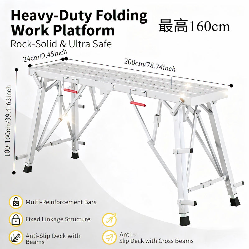 Aluminum Work Platform Height Adjustable Folding Portable Scaffold Bench Wide Base Safety Railing for Home Renovation RV Cleaning Window Painting 3 Sizes
