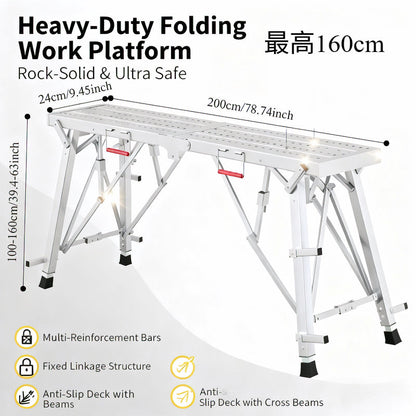 Aluminum Work Platform Height Adjustable Folding Portable Scaffold Bench Wide Base Safety Railing for Home Renovation RV Cleaning Window Painting 3 Sizes