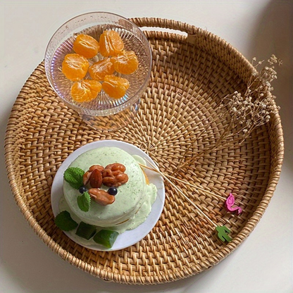 Serving Tray Basket - Hand-Woven Round Rattan Organizer for Fruits Bread Snacks, for Home Cooking, Dining and Outdoor Meals