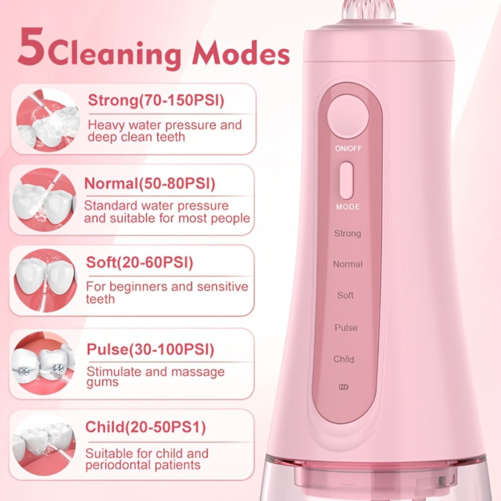 Water Flosser Cordless Five-Mode Design with Five Jet Tips, 1800mAh Battery and Pink or Black Options