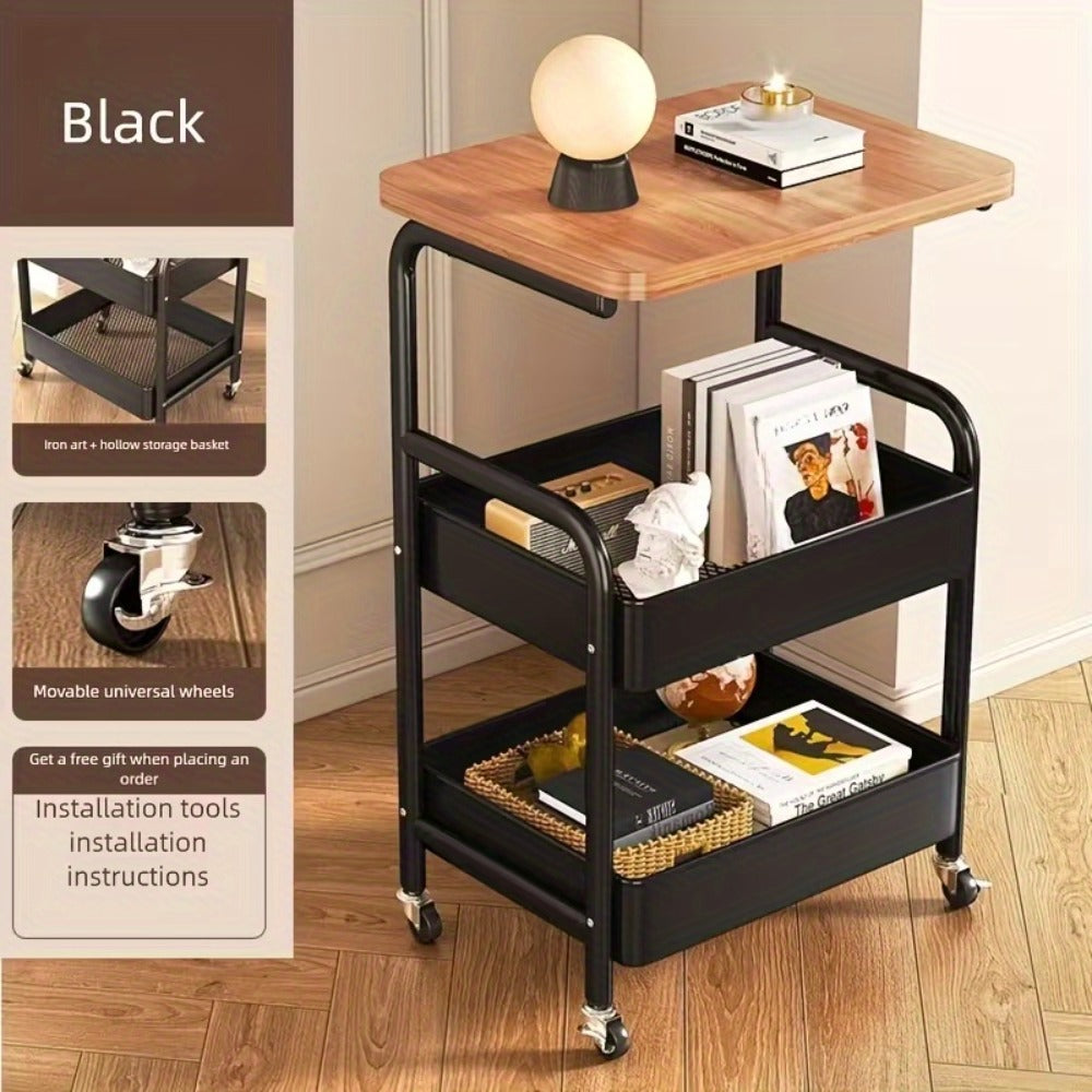 Three-Tier Rolling Storage Cart with Wooden Tabletop, Reinforced Black Frame and Locking Casters