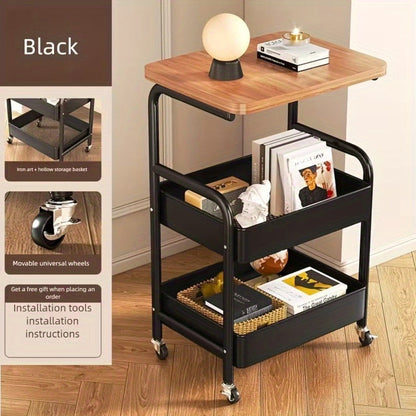 Three-Tier Rolling Storage Cart with Wooden Tabletop, Reinforced Black Frame and Locking Casters