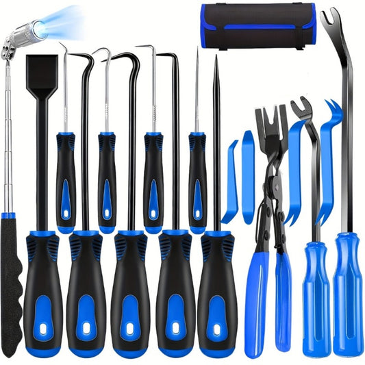 Auto Trim Removal Tool Kit 17pcs with Pry Tools Picks Metal Scraper Magnetic Telescopic Pickup Non-Slip Clips for Car Door Panel Dash Interior Bicycle Maintenance
